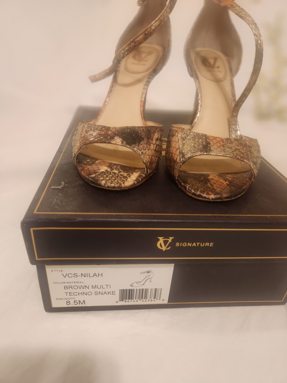 Signature Nilah Brown Multi Techno Snake Ankle-Strap Heels